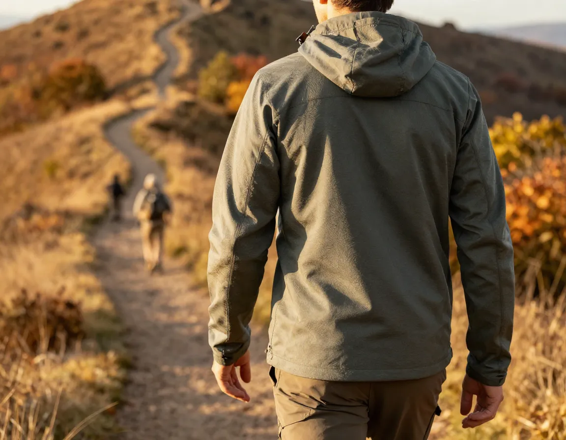 Hiker wearing or ferrosi soft shell hoodie autumn ridge walk