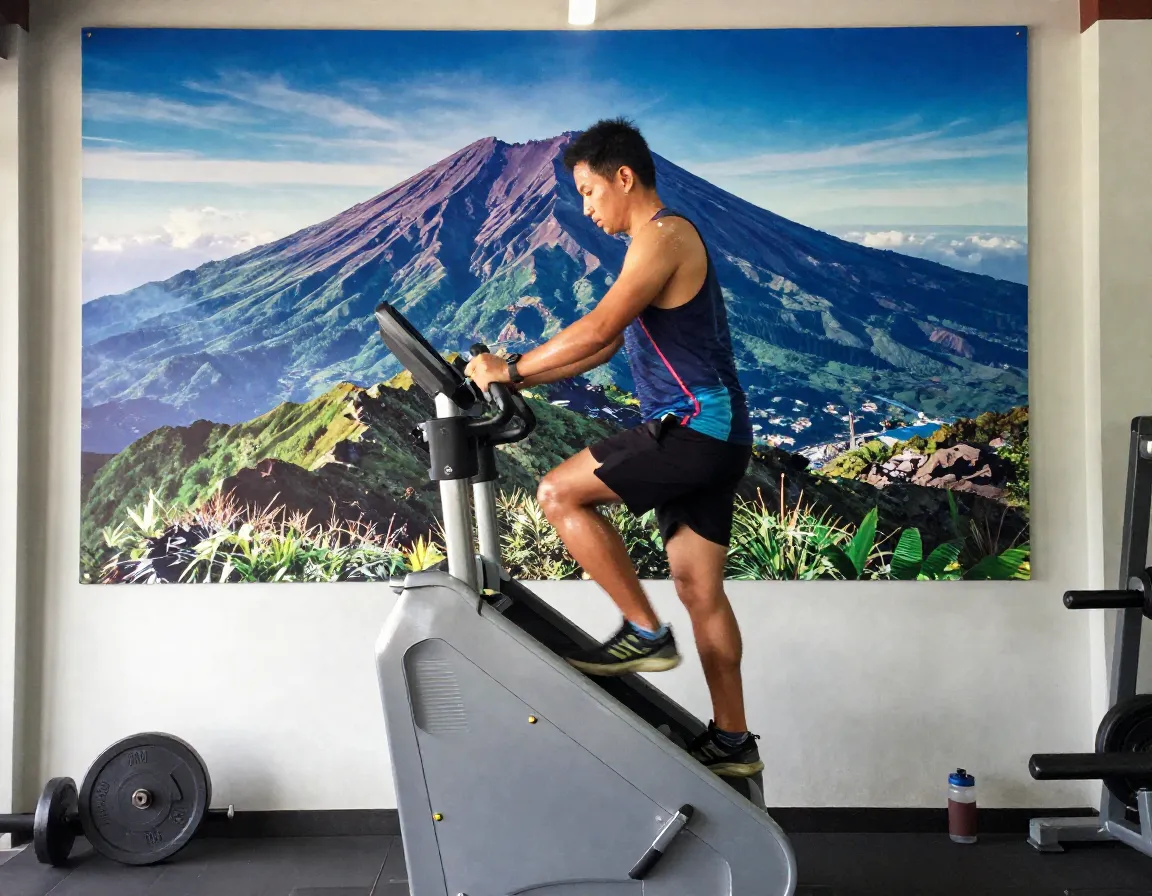 Trekker training on stair climber for mount rinjani physical preparation