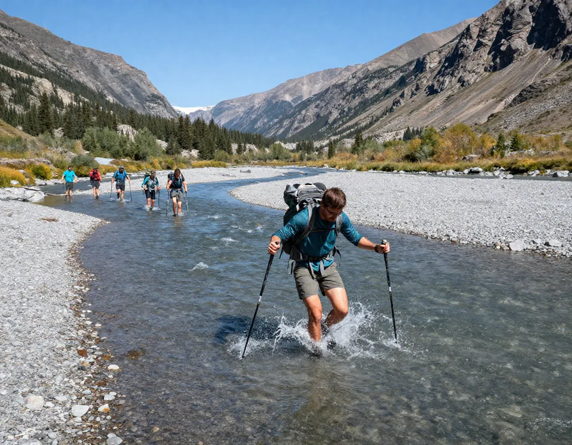 Hiker fording the knee deep eagle river at the official ford site