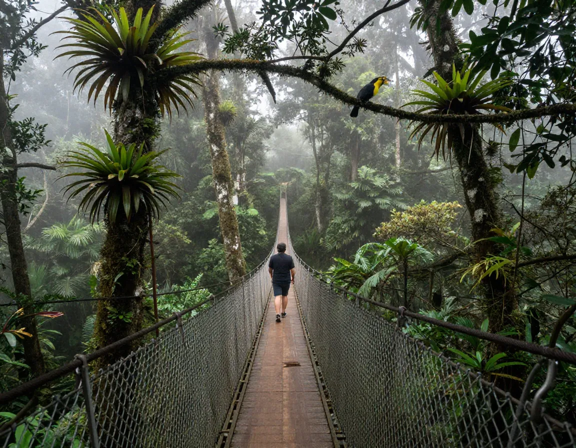 Person walking on a suspension bridge in the monteverde cloud forest canopy
