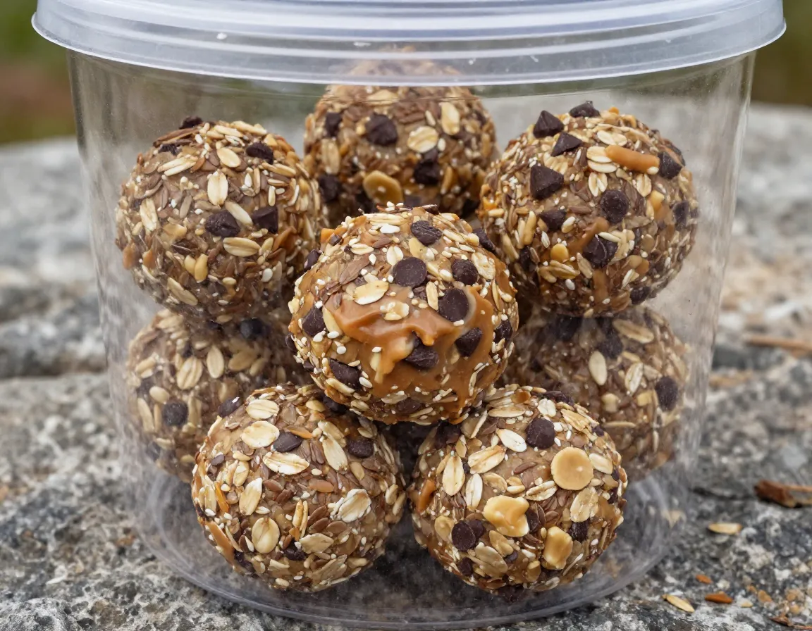 Trail mix energy balls in sealed container on trail