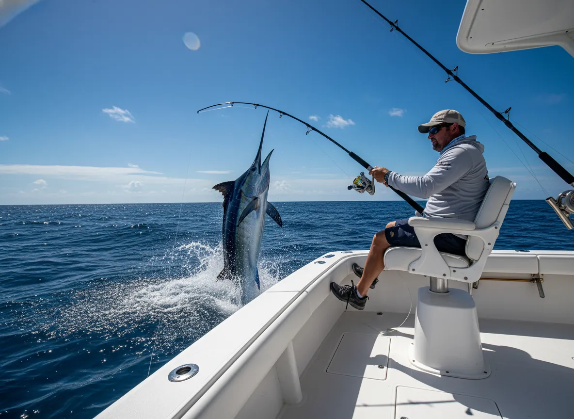 Angler fighting a blue marlin on a deep sea fishing charter boat