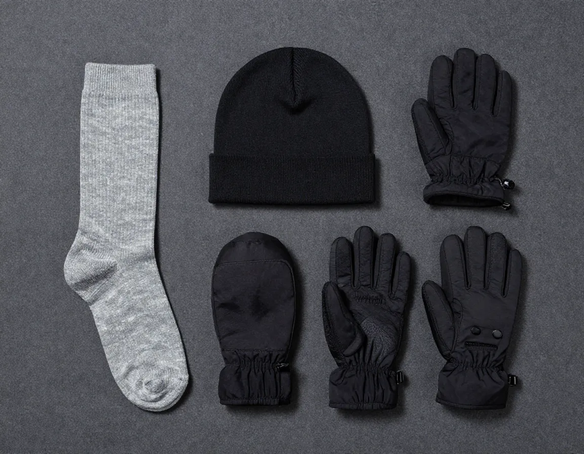 Flat lay ultralight hiking accessories socks beanie mittens