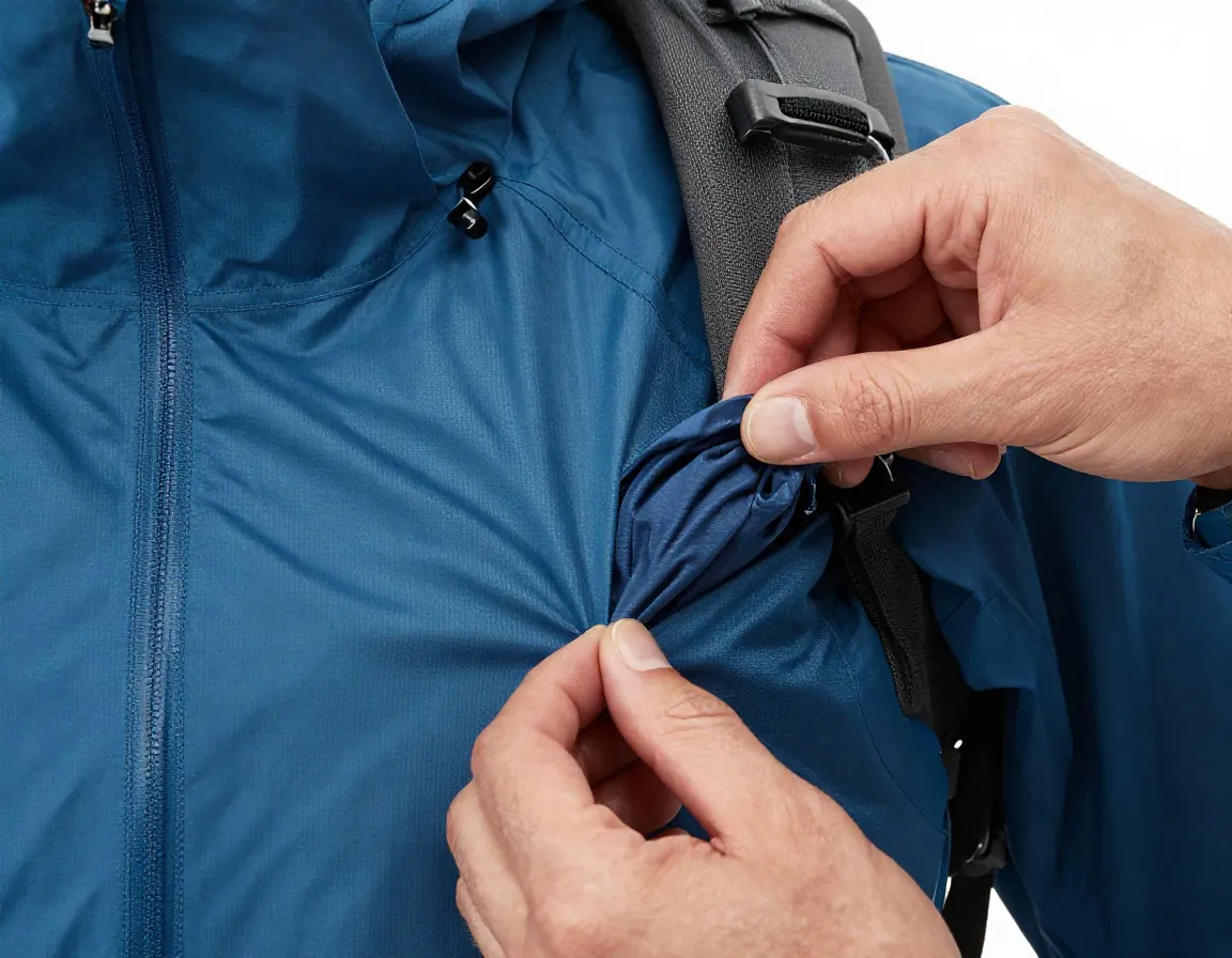 Patagonia m10 storm jacket packed into its own chest pocket