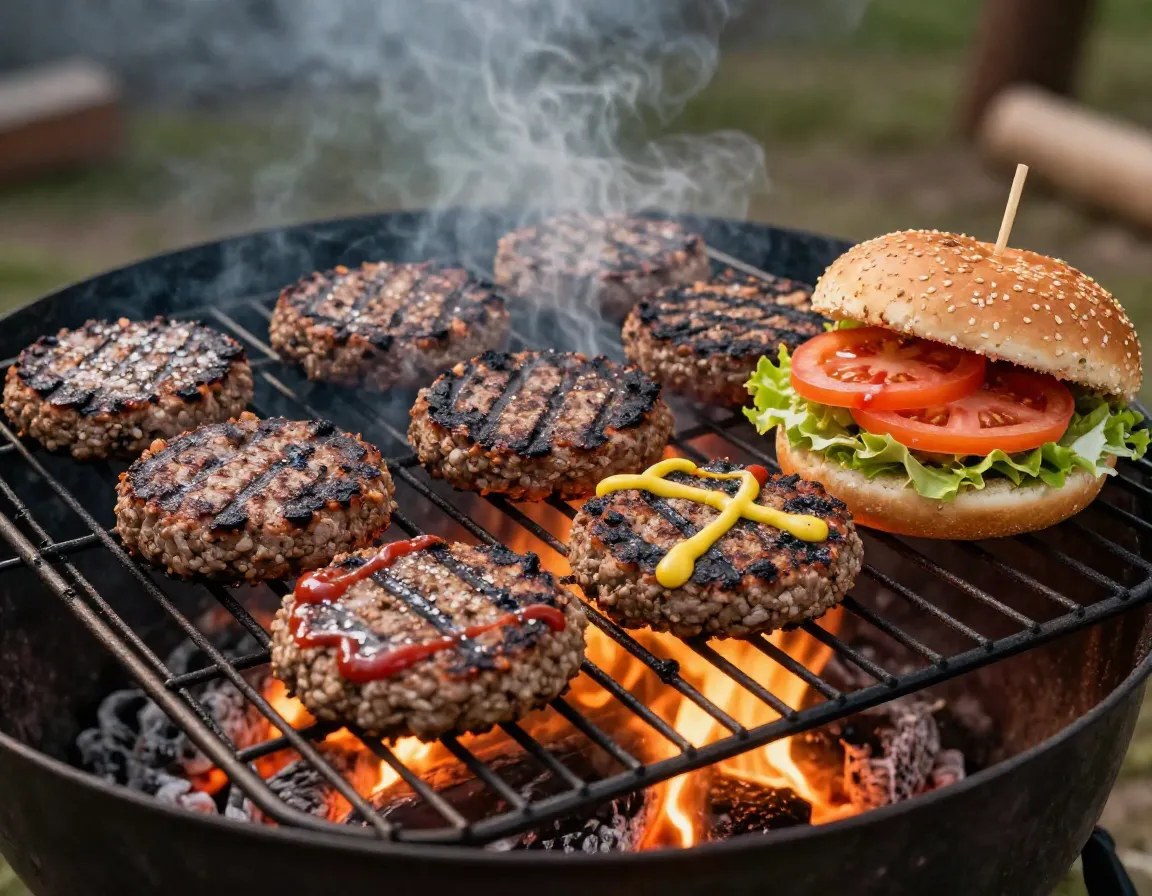 Veggie burger grilled on campfire grate whole grain bun