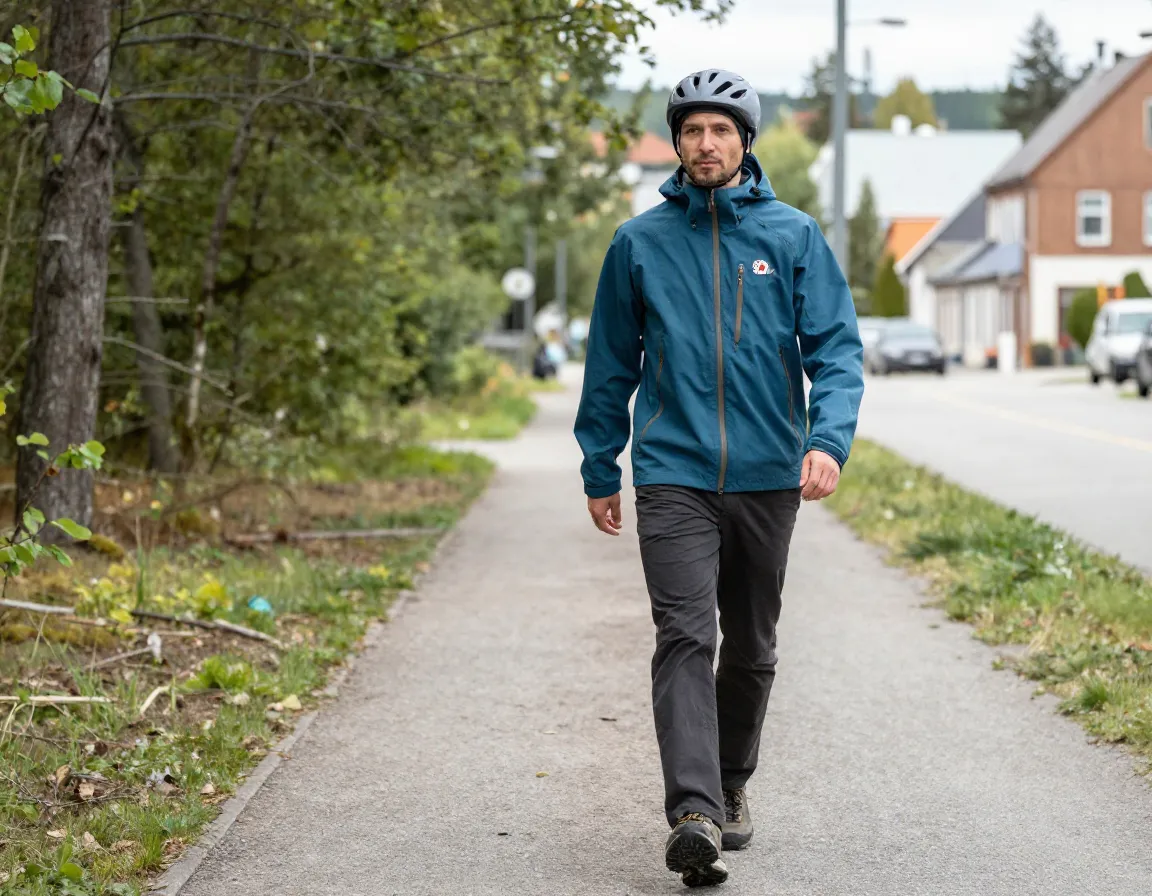 Hiker in fjallraven keb hardshell on a forested town trail