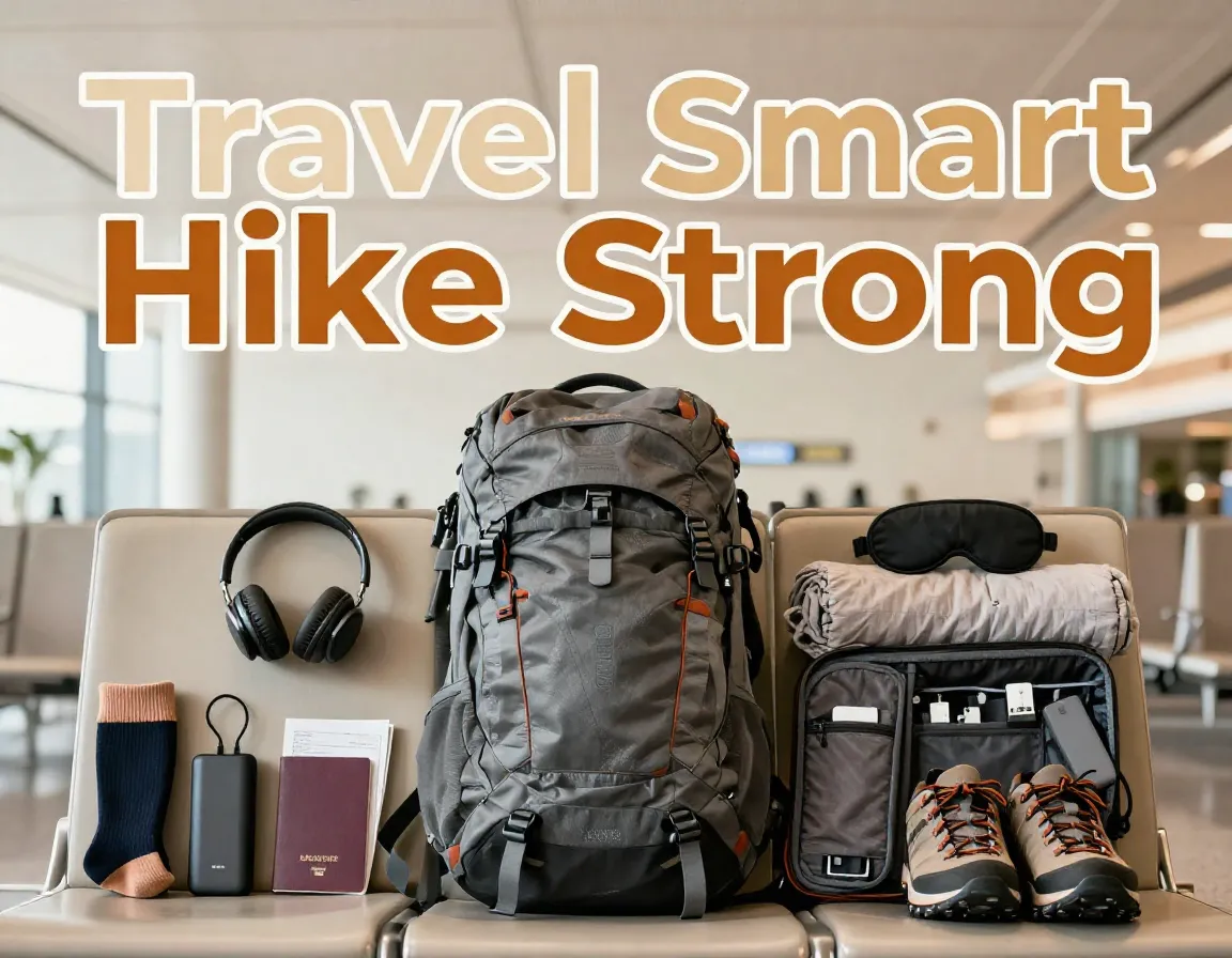 Flight to trail transition essentials flat lay