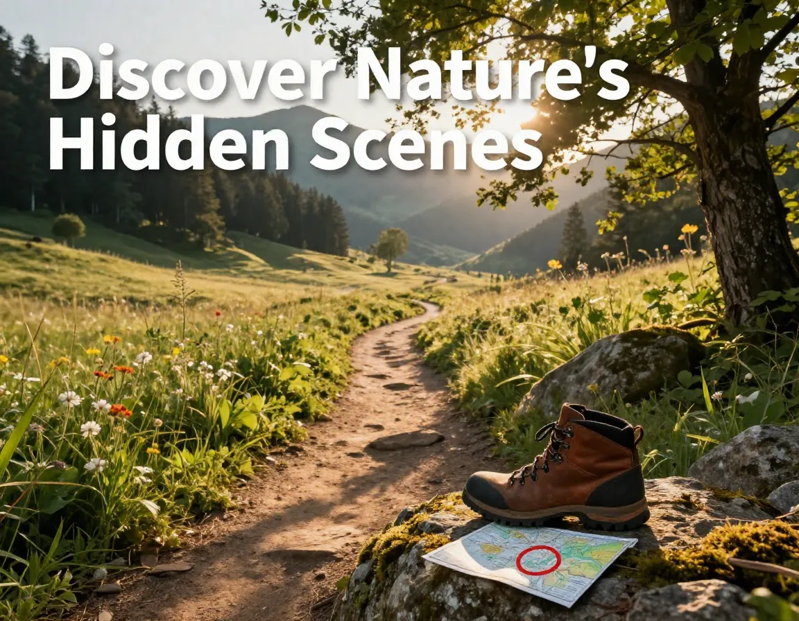 Hiking trail golden hour natural frame meadow view topographic map