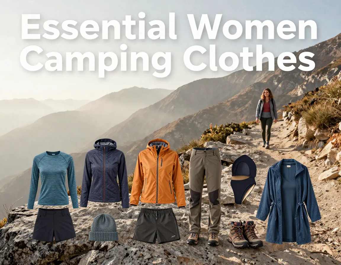 Women camping gear arranged mountain trail backpacking adventure