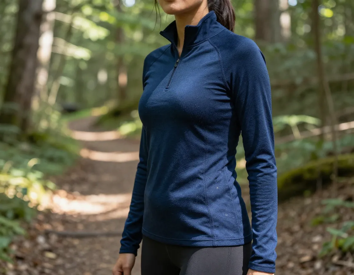 A woman wearing a navy blue merino wool base layer in a sunny forest