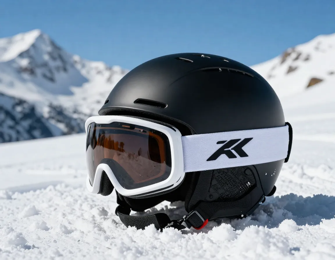 Black and white ski helmet with goggle compatibility on snowy mountain ridge