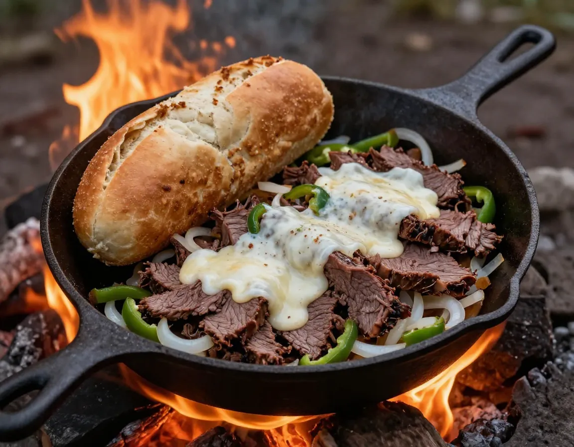 Campfire philly cheesesteak skillet with beef peppers onions over fire