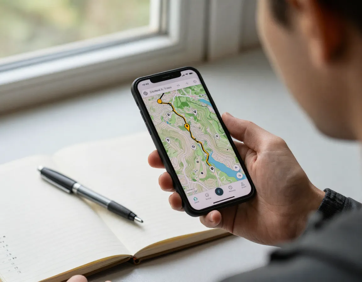 Hiker planning next trail route using digital maps on smartphone app