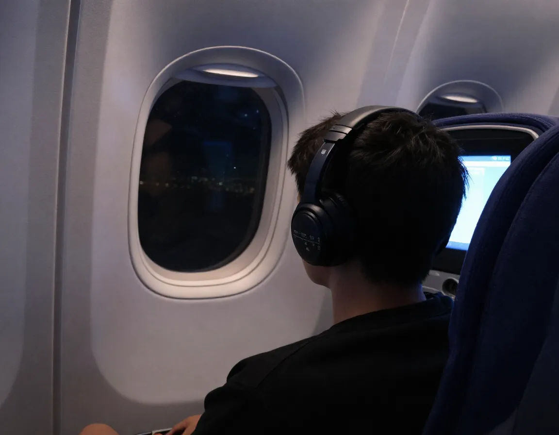 Person resting with noise canceling headphones on night flight