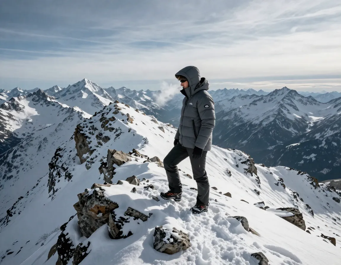 A person wearing a grey 900 fill power down jacket on a snowy mountain ridge
