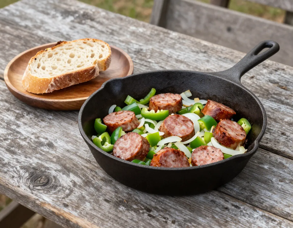 Green pepper sausage onion skillet with bread on rustic table