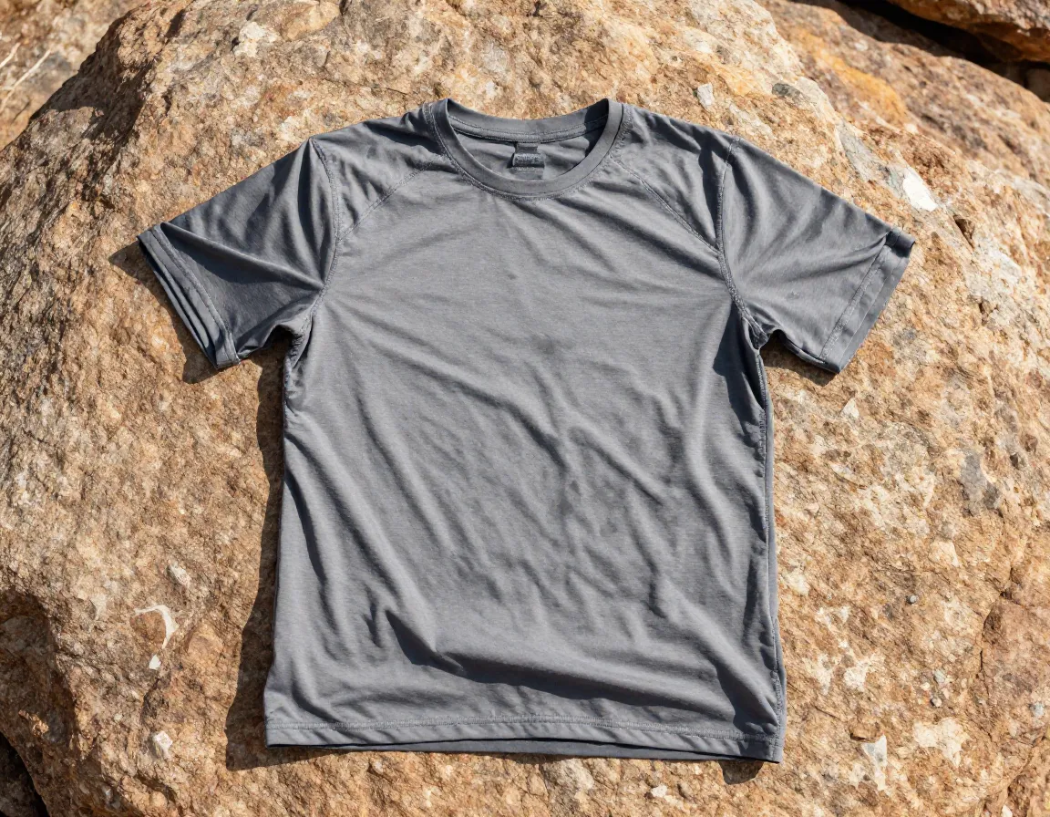 Grey synthetic hiking tee drying quickly on sunlit rock