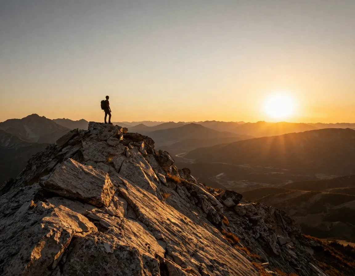 Hiker on mountain ridge silhouetted by warm golden hour sunset light