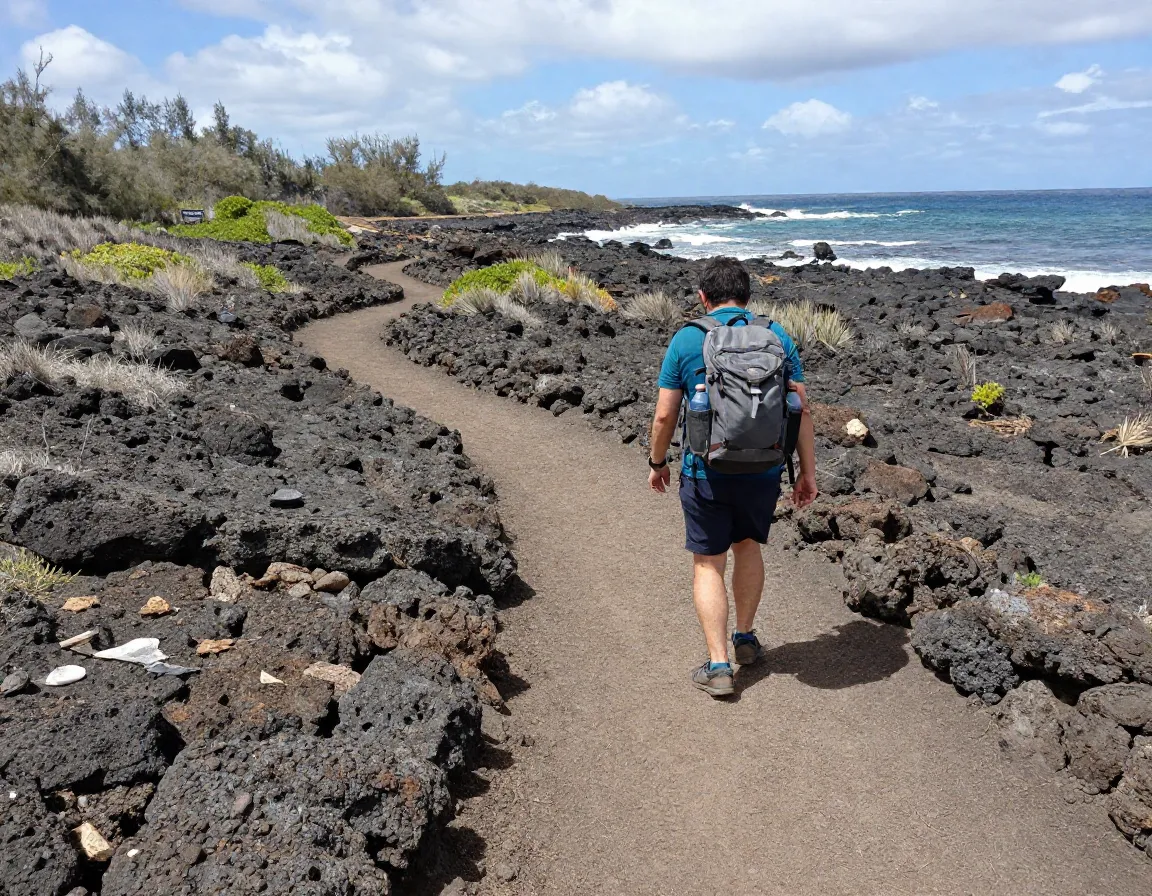 Person hiking historic ala kahakai trail toward kua bay coastal path