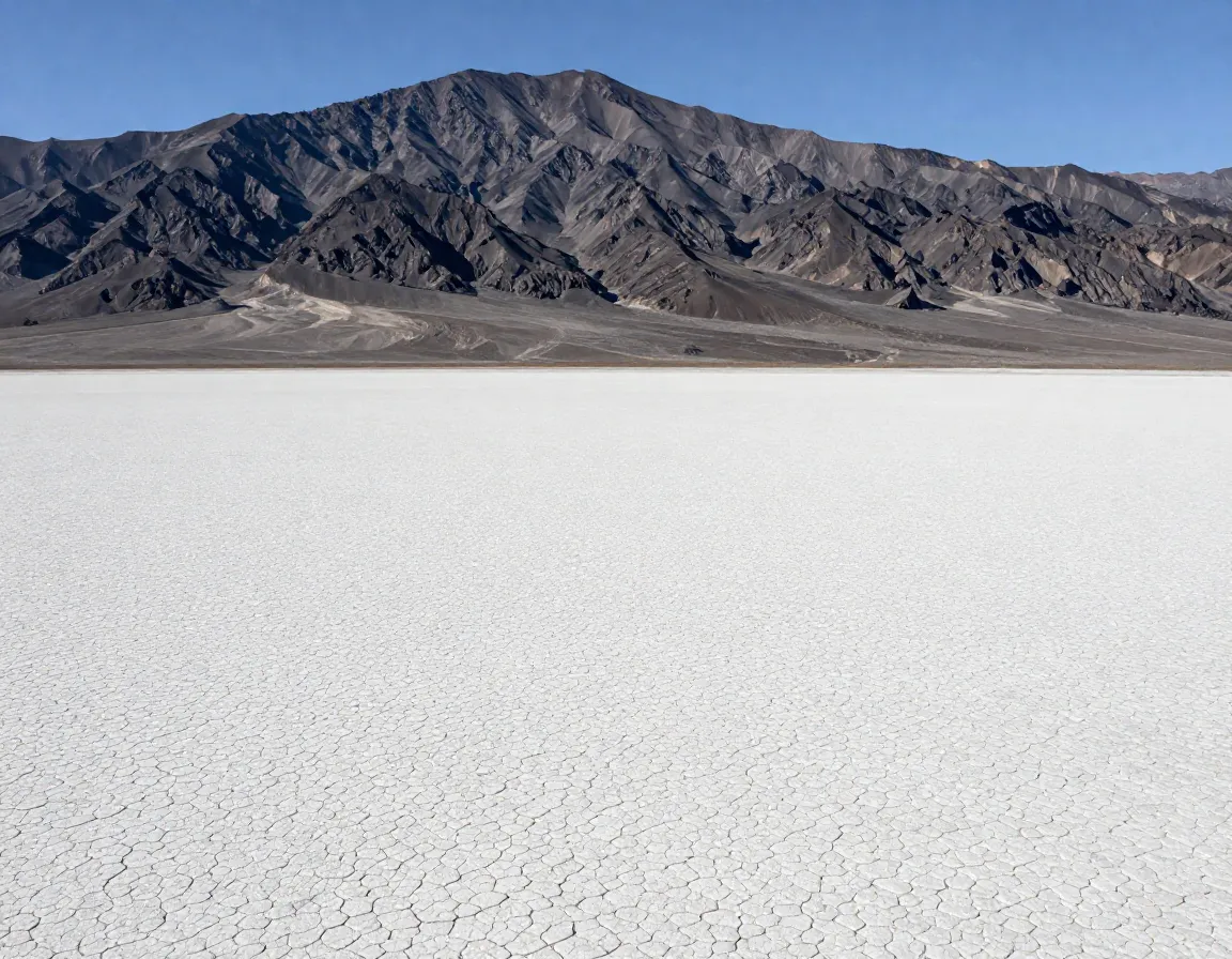 Vast cracked white ancient lakebed with mountain escarpment