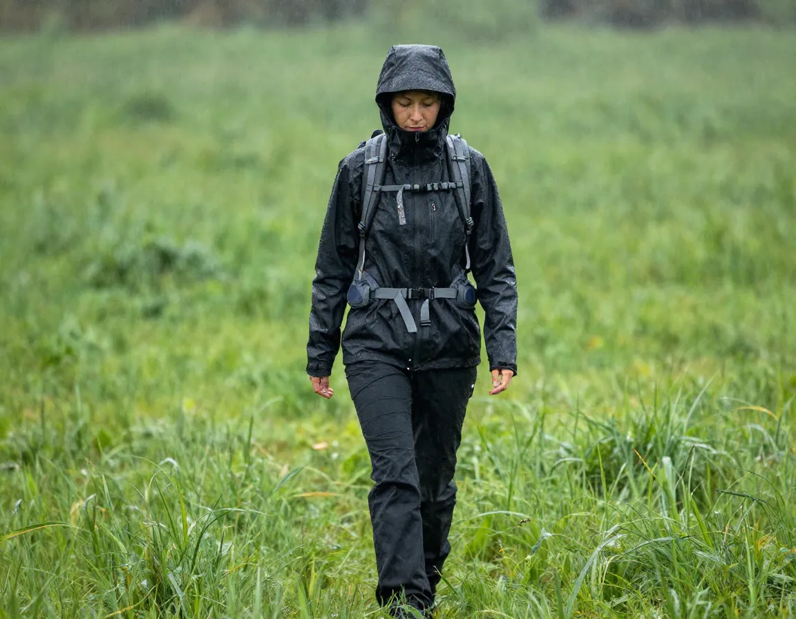 A woman wearing a lightweight black waterproof jacket in a rainy meadow