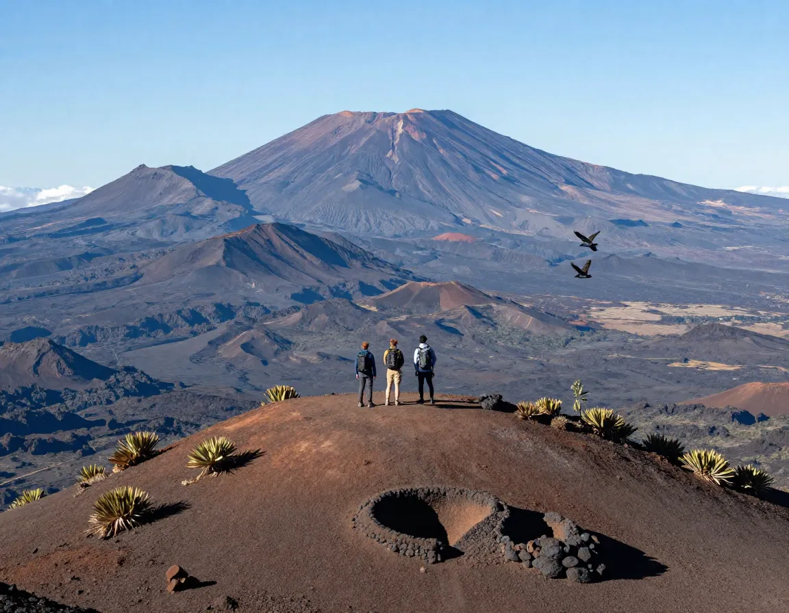 Hiker atop puu waawaa cinder cone panoramic volcanic mountain views