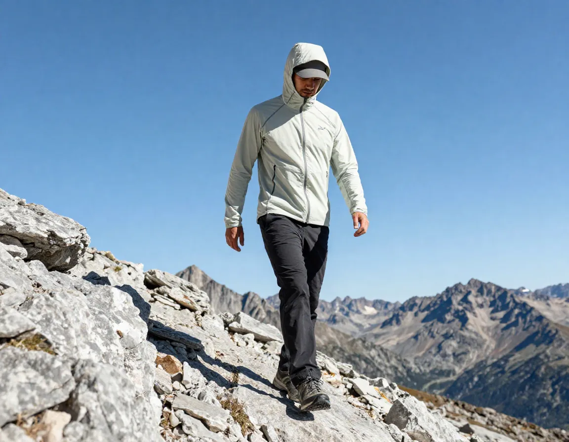 Man wearing long sleeve upf sun hoody on exposed alpine ridge