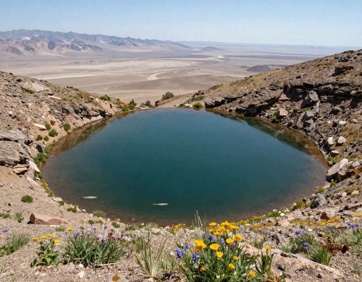 Remote alpine lake in glacial cirque with desert views
