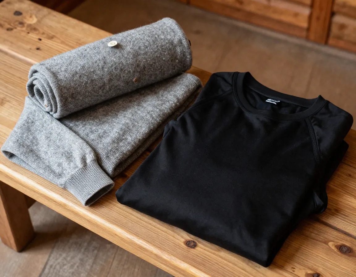 Rolled merino wool and synthetic base layers on pine bench