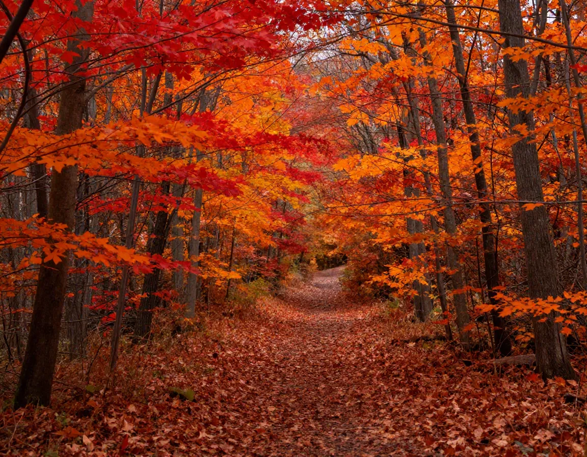 Vibrant autumn forest trail covered in red and orange fall foliage