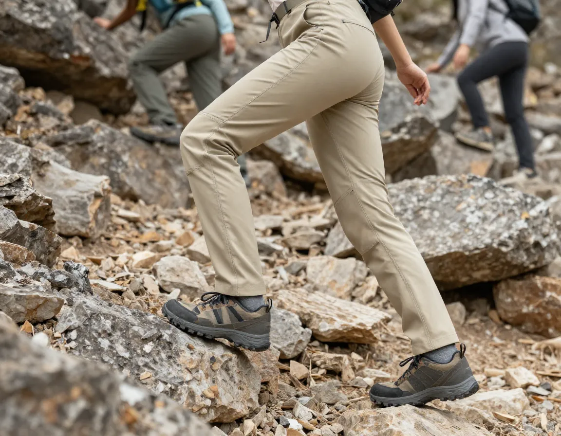 A woman wearing beige quick dry hiking pants on a rocky trail