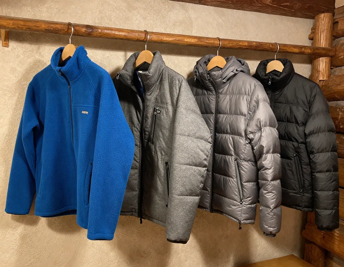 Fleece and synthetic puffer mid layers hanging in lodge