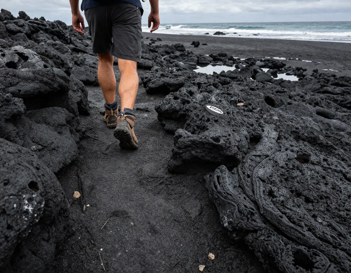 Hiker traversing jagged aa lava field toward black sand beach ocean