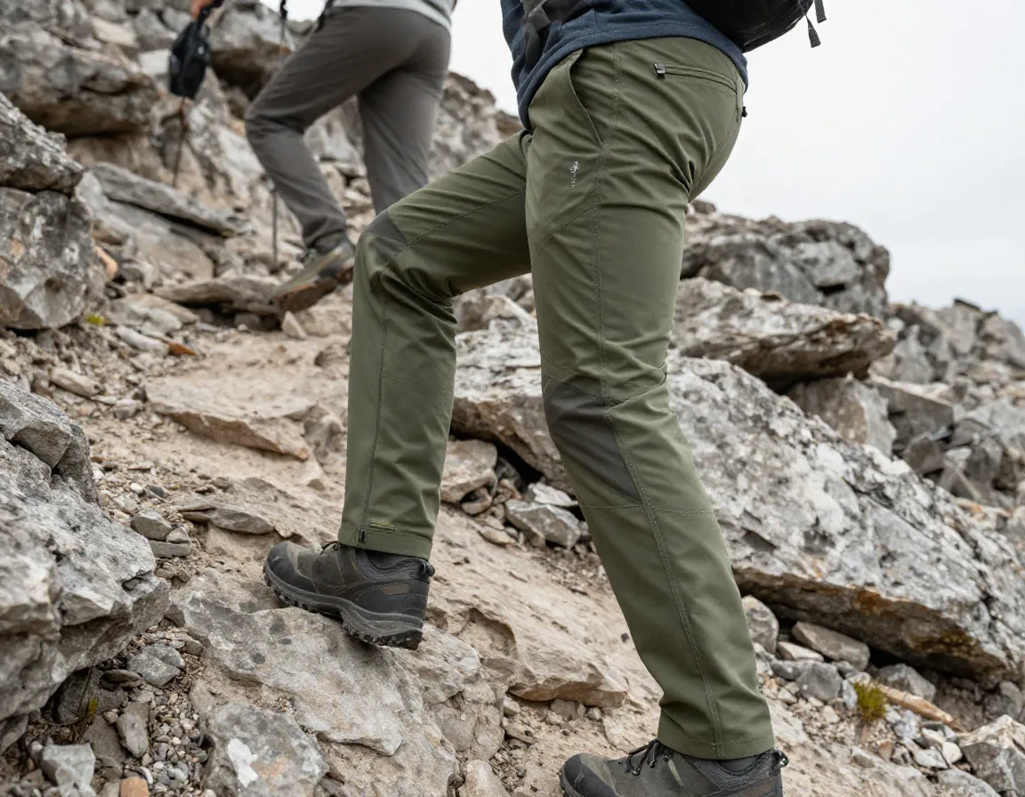 Lightweight olive green hiking pants on man navigating rocky trail