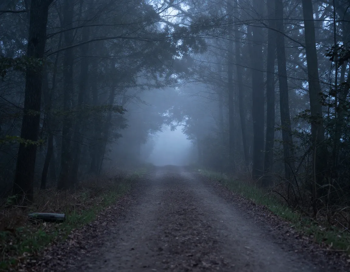 Misty forest path acting as a leading line into the distance