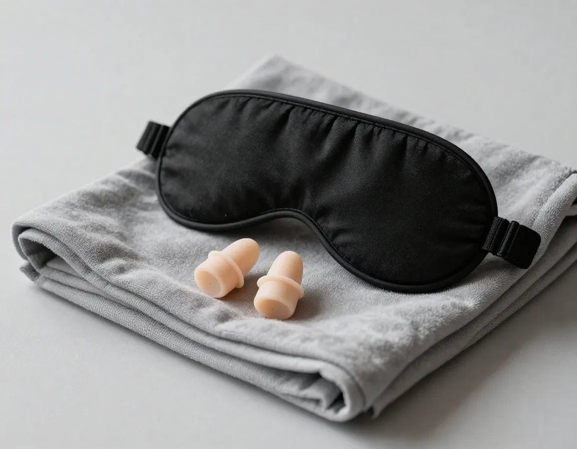 Sleep mask and earplugs for in flight rest on blanket