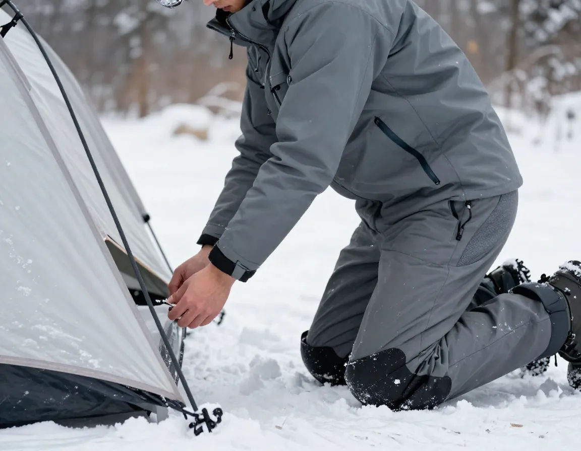 A person wearing grey insulated pants on a snowy winter campsite