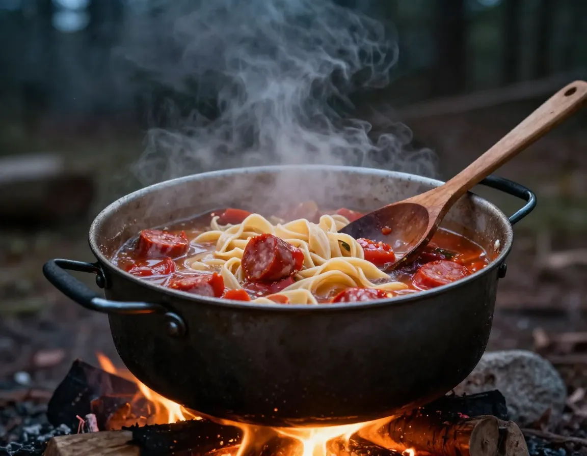 One pot campfire pasta with sausage and tomatoes boiling over fire