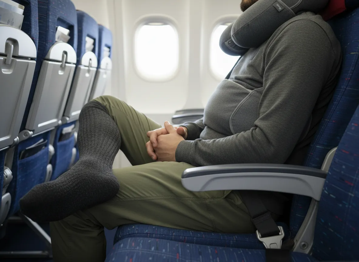 Passenger wearing compression socks and travel pillow on plane
