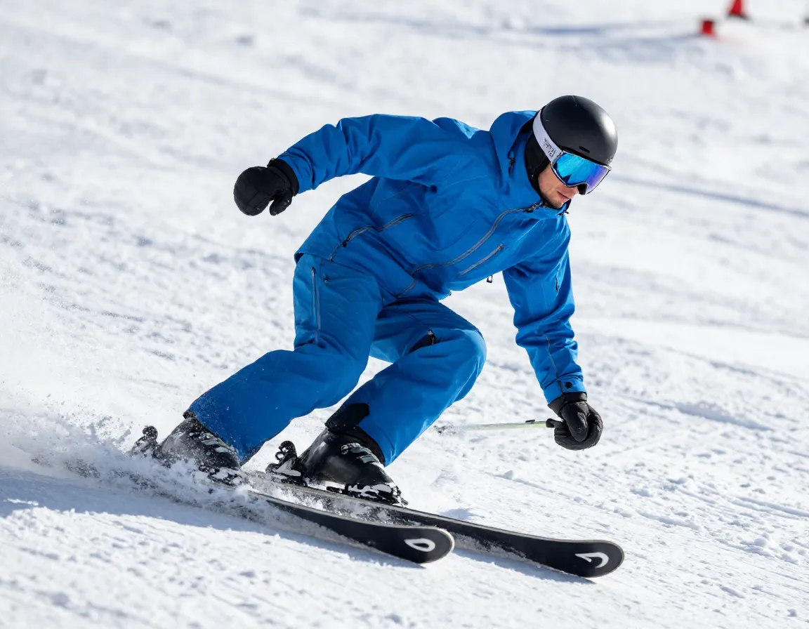 Skier in blue waterproof jacket and pants on snowy slope