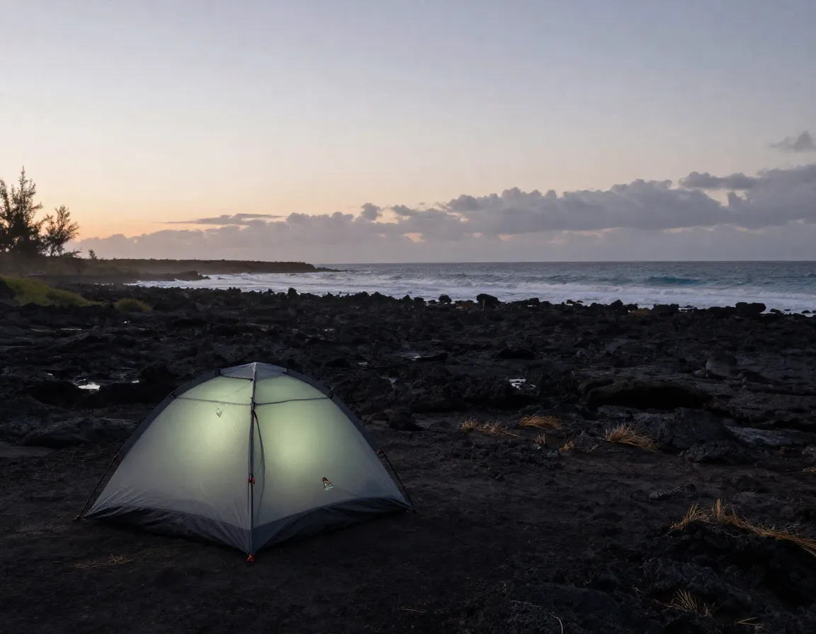 Tent camping on remote beachfront lava field kiholo state park reserve