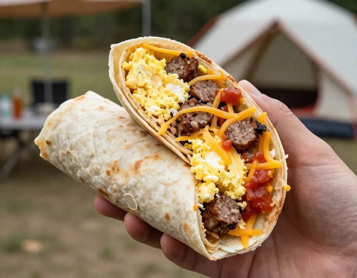 Campfire breakfast burrito with eggs sausage and salsa ready to eat
