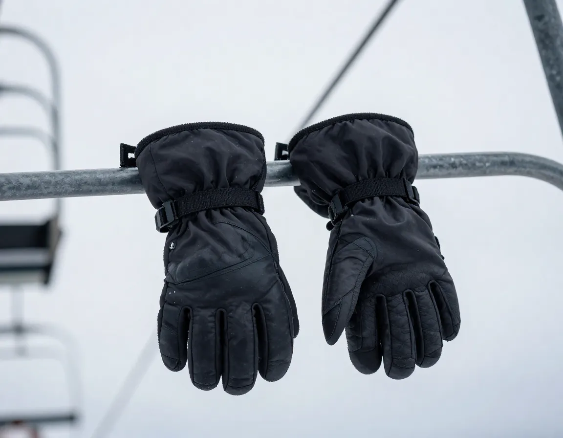 Gloves and mittens with wrist leash on chairlift bar