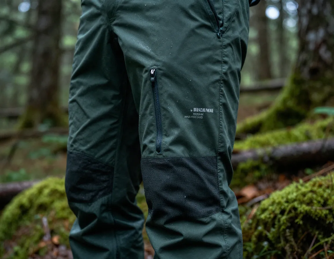 Weather resistant ventilated hiking pants in damp forest setting