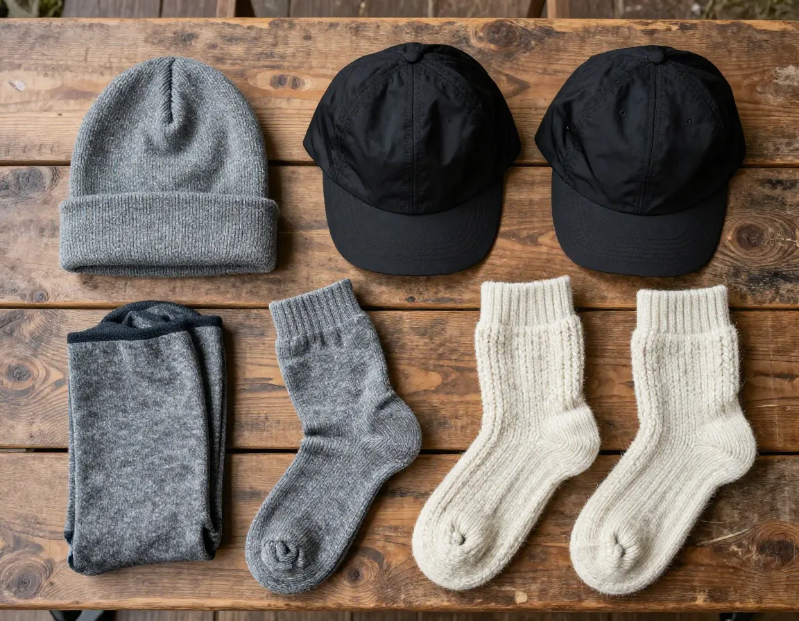 A collection of beanie cap and wool socks on a wooden camp table