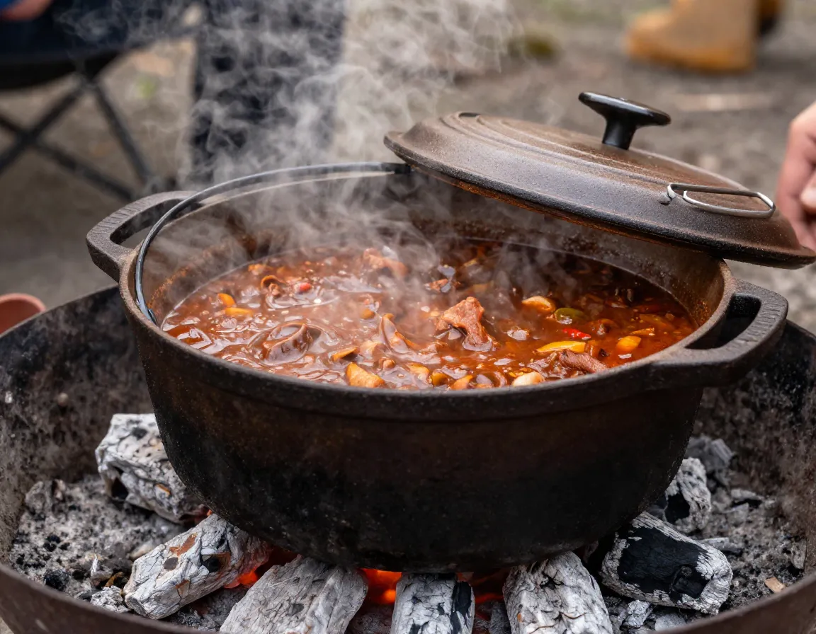 Dutch oven chili simmering over charcoal briquettes at campsite