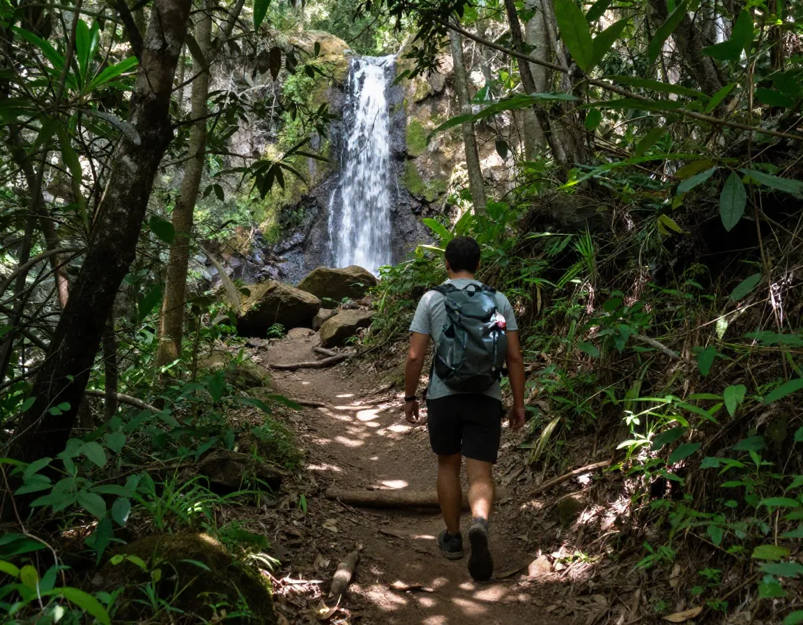 Hiker discovering a hidden waterfall by following a faint side trail