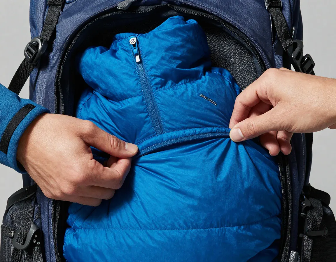 Packed blue synthetic insulated jacket in its own chest pocket