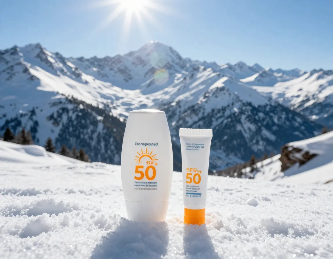 Spf 50 sunscreen and lip balm with snowy mountain background