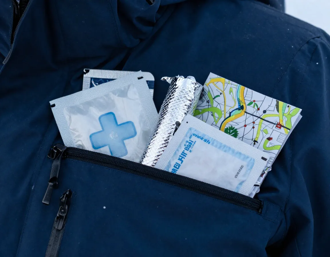Hand warmers and emergency kit on a jacket pocket